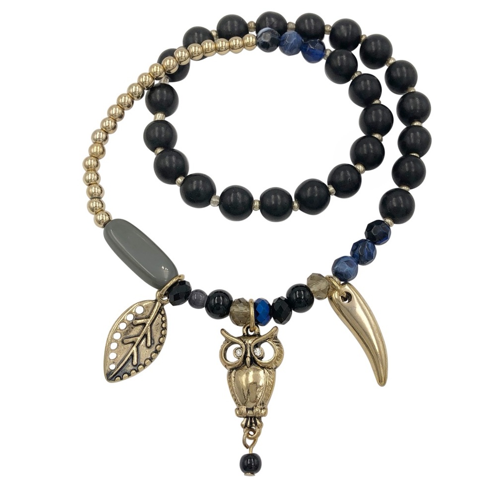 Owl Leaf Horn Gold Tone Charm Black Beaded Stretch Wrap Bracelet
